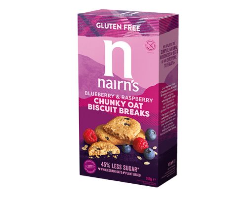 Nairns gluténmentes teljeskiőrlésű 62% rostdús zabkeksz áfonya&málna 160 g